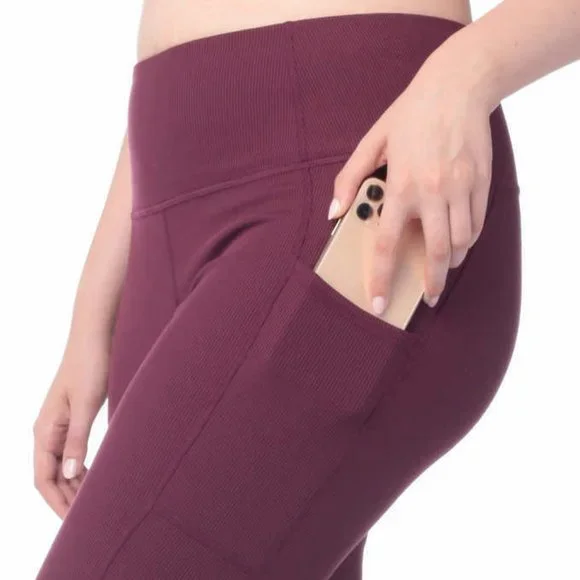 NEW Lukka Lux Burgundy Wine Ribbed Ankle Length Leggings Tights Pants Pocket XXL - Picture 2 of 6